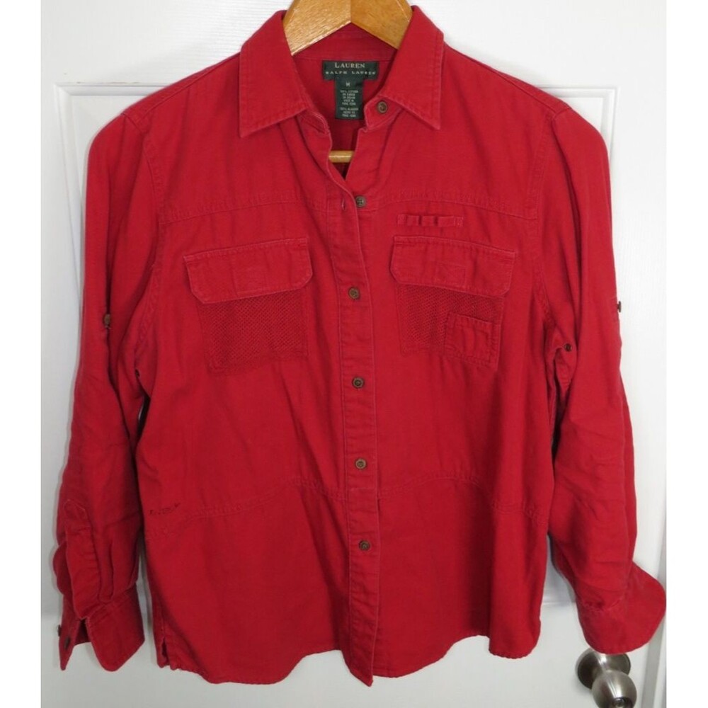 VINTAGE LRL Ralph Lauren Safari Outfitters Shirt Women Red Jacket Medium 90s